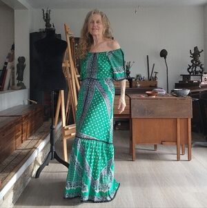 Vintage Dress Maxi Antique Green & Black 100% Cotton Bandana Dress 1960